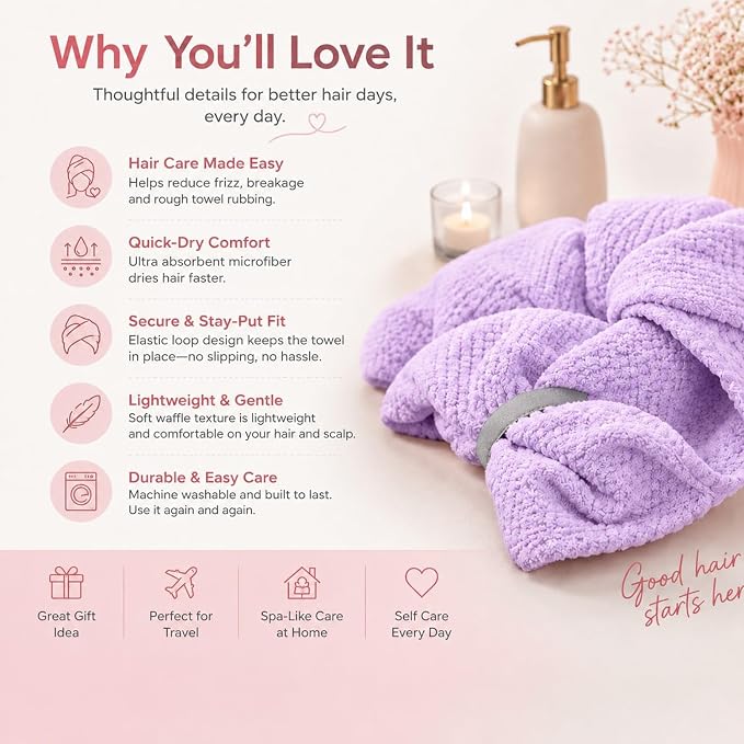 Large Hair Towel Wrap for Women, Quick-Dry Turban, Ultra Absorbent & Anti-Frizz, Ideal for Long, Thick & Curly Hair, Soft Lightweight Microfiber Drying Towel (24x42, Purple)