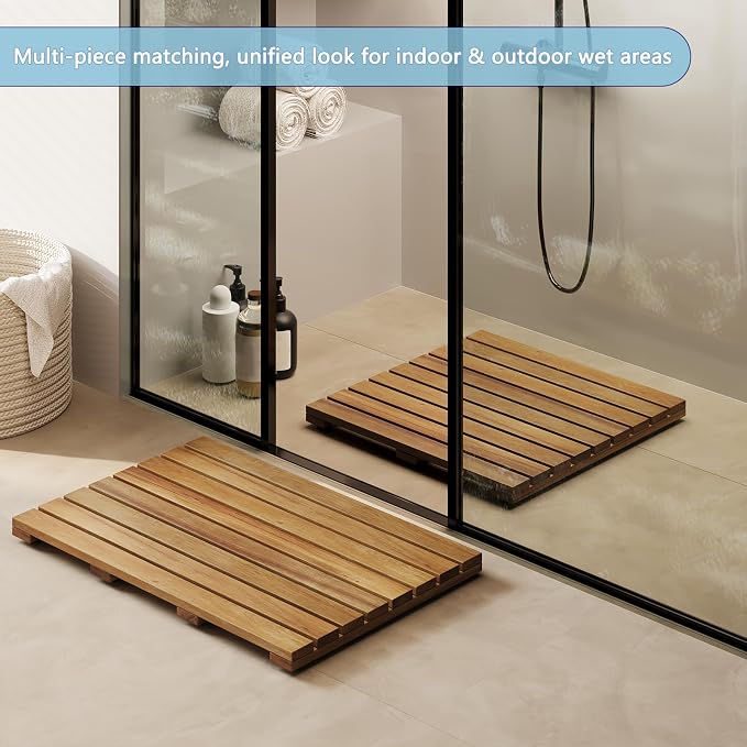 19.7"x19.7"Solid Acacia Wood Shower Mat, Non Slip Wooden Bath Mat, Indoor Outdoor Entryway Door Mat Multi-Purpose Plant Stand for Shower Bathtub Pool Spa Garden (Medium)