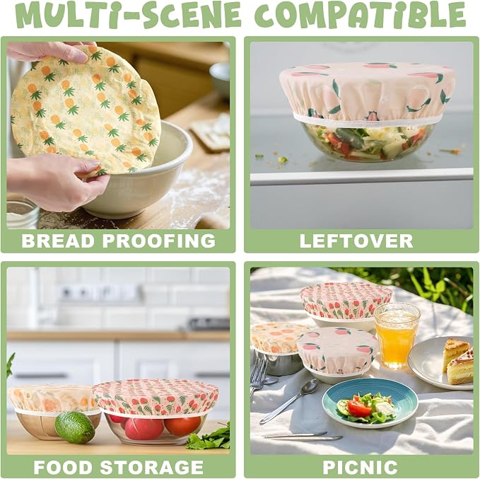 4-Pack Reusable Beeswax Bowl Covers with Fruit Pattern, 6/8/10/12 Inch Elastic Cotton Food Storage Covers for Bread Proofing, Sourdough Dough, Kitchen Containers & Food Storage