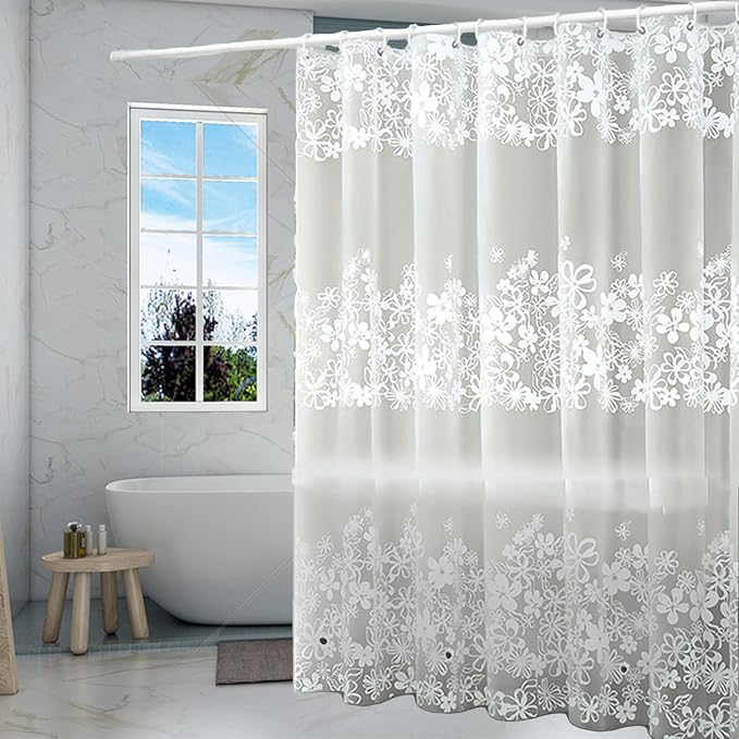 TIKABC Shower Curtain Liner, 4G PEVA Shower Liner, Plastic Waterproof Shower Curtains, with Grommet Holes and 3 Magnetic Weights(White Flower)