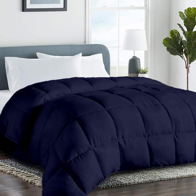 All Season Hypoallergenic Luxurious Down Alternative Cotton Comforter, Ultra-Soft 750 Fill-Power Oversized Queen Size Measures 98" x 98", Navy Blue
