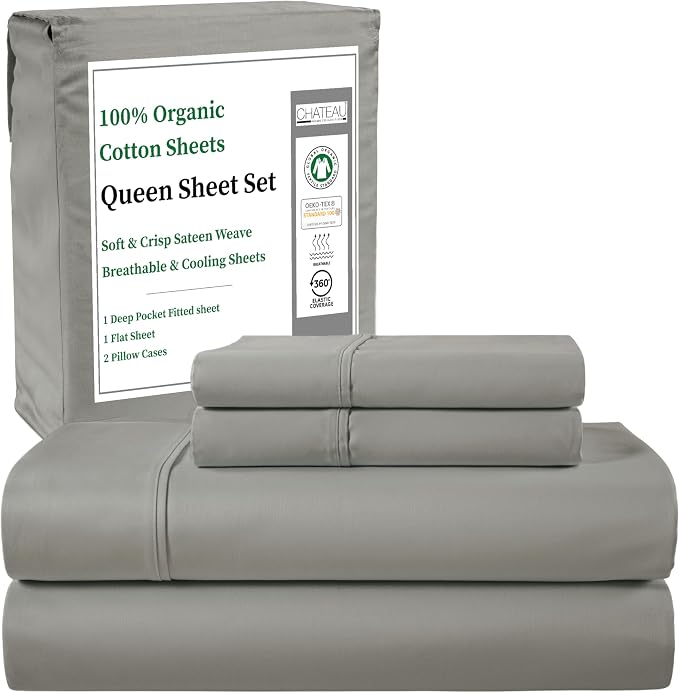 Organic Cotton Sheets Queen Size Bed Set Deep Pockets, 300 TC Cotton Queen Sheet Set, Soft Breathable Sateen Weave Elasticated Sheet & Pillowcase Sets, No Pill & Shrink, Machine washable- Silver