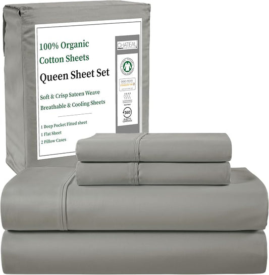 Organic Cotton Sheets Queen Size Bed Set Deep Pockets, 300 TC Cotton Queen Sheet Set, Soft Breathable Sateen Weave Elasticated Sheet & Pillowcase Sets, No Pill & Shrink, Machine washable- Silver