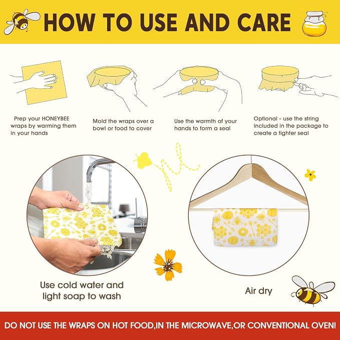 Reusable Beeswax Food Wraps, 9 Pack - Assorted Sizes (XS,S, M, L) | Organic Cotton, Eco Friendly, Plastic Free | Honeycomb Design (Orange)