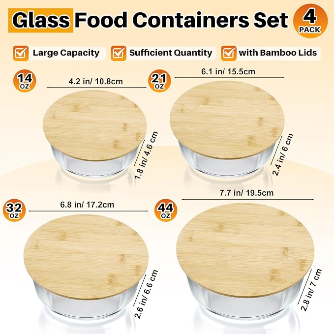 Blushtier 4 Pack 44/32/ 21/14 oz Borosilicate Glass Food Containers with Bamboo Lids, Stackable Glass Bowls for Meal Prep & Lunch, Microwave, Freezer and Dishwasher Safe