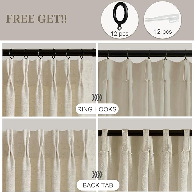 IVAPUPU Extra Wide Pinch Pleated Linen Curtains for Living Room, Light Filtering Privacy Memory Training Semi Sheer Pleated Curtain with Hooks Rings Back Tab Drapes, 70Wx96L, Sand Beige, 1 Panel