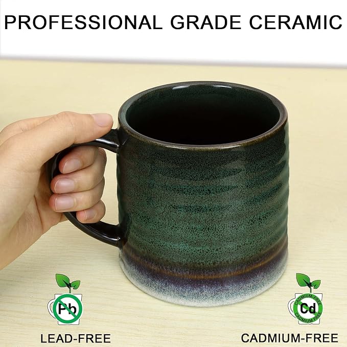 18 Oz Large Ceramic Coffee Mug, 500ml Big Handmade Pottery Tea Cup for Office and Home, Big Handle Easy to Hold, Microwave and Dishwasher Safe, Stylish Texture Glaze (Ink Green)