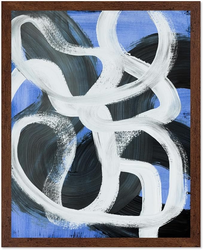 Monem Art Bold Blue Brushstroke Abstract Print - Modern Textured Line Art Poster - Wall Decor for Living Room, Bedroom or Office - 12x16 Brown Framed Wall Art by Mareike Bohmer