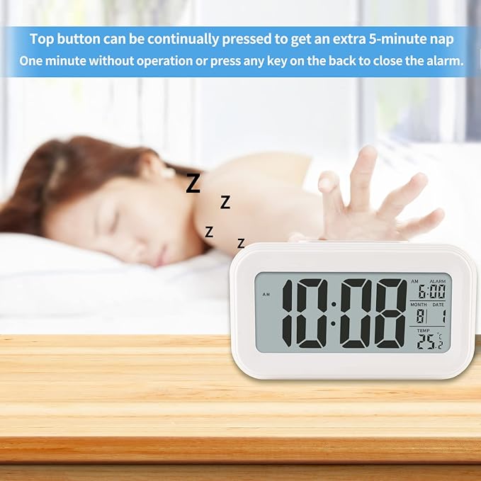 Digital Alarm Clock with Indoor Temperature, Large LED Display, 12/24H, Snooze Mode, Battery Operated Bedside Clock for Bedroom, Heavy Sleepers & Kids