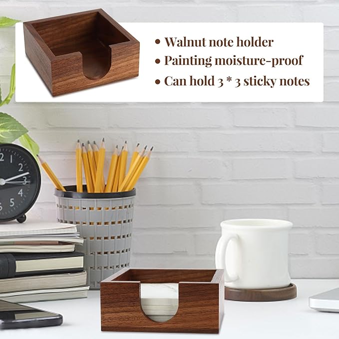 MultiBey Sticky Notes Memo Pad Holder Dispenser Wooden Post it Note Holder Walnut Desk Supplies Organizer Accessories for Office Home Schools