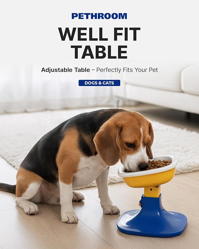 PETHROOM Well Fit Elevated Dog Bowl Stand – Adjustable Height 4.5–7.4 in with 0–22° Tilt, Stable Non-Slip Feeding Stand for Dogs & Cats, Bowl Not Included, Yellow & Blue