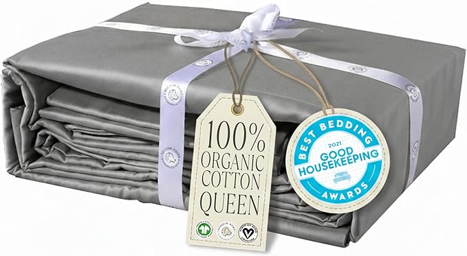 Delilah Home 100% Organic Cotton Queen Flat Sheet Set, GOTS & Vegan.org Verified, Long Stem 300 TC Sateen Bedding, Non-Synthetic, Deep Pocket Fitted Linen, Lightweight, All-Season, 4 Piece Set - Grey