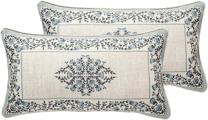 ISAENNE Design Linen Rectangle Throw Pillow Covers 12"x20" Pack of 2, Cottage Farmhouse Cushion Covers with Thorn Vine Pattern Decoration Pillowcases for Bed, Living Room, Outdoor, Car