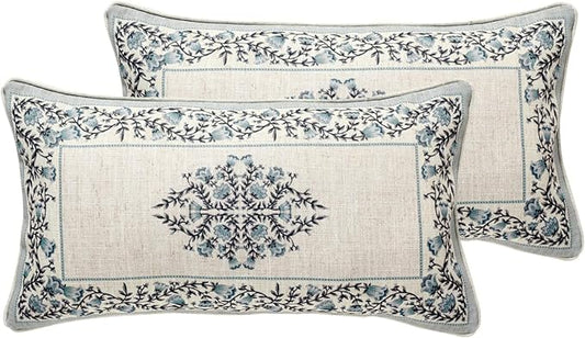 ISAENNE Design Linen Rectangle Throw Pillow Covers 12"x20" Pack of 2, Cottage Farmhouse Cushion Covers with Thorn Vine Pattern Decoration Pillowcases for Bed, Living Room, Outdoor, Car