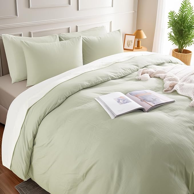 NEXHOME PRO Duvet Cover Set California King Linen Feel Textured Organic Natural 100% Washed Cotton Duvet Cover 3 Pieces Bedding Set Zipper Closure, Breathable, Soft, Mint Green (No Comforter)