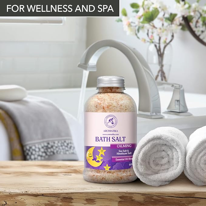 Calming Bath Salts 21.16 Oz - w/Sandalwood & Lavender & Bergamot Essential Oils - Natural Bath Sea Salts 600g - Good for Bath- Good Sleep - Relaxing - Body Care - Beauty - Aromatherapy
