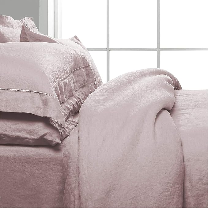 Simple&Opulence 100% Washed Linen Duvet Cover with Embroidered, 2 Pieces Soft Farmhouse Comforter Set with Button Closure,1 Duvet Cover and 1 Pillowsham(Twin,Dusty Pink)