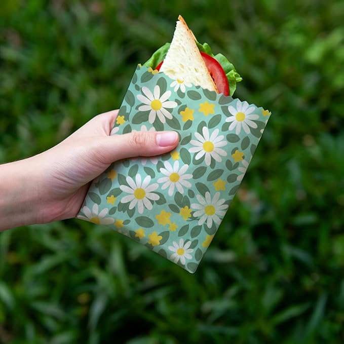 Reusable Beeswax Wrap, 9 Pack Eco-Friendly Beeswax Wraps For Food, Organic, Sustainable, Biodegradable, Zero Waste, Plastic-Free Food Storage, 1XL, 3M, 5S Spring Floral Daisy Pattern