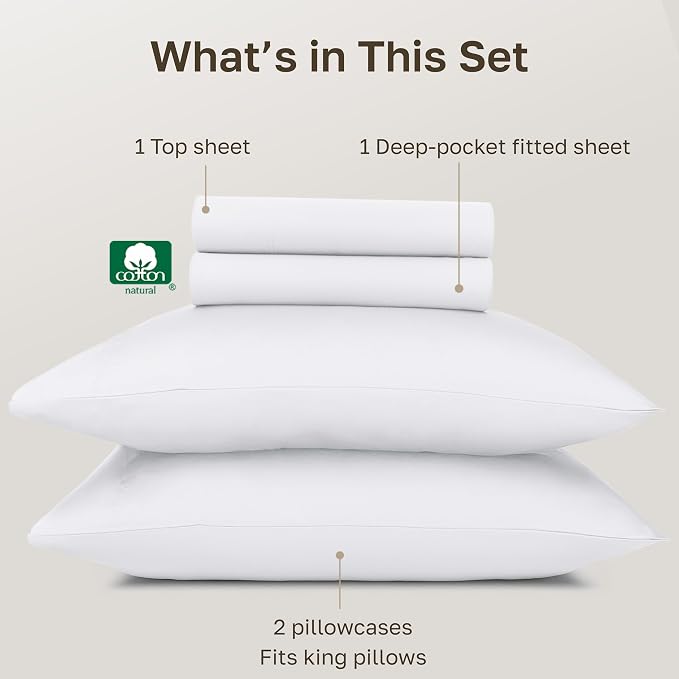 California Design Den 100% Egyptian Cotton Sheets King Size Set - Certified Authentic Luxury King Size Sheets Set, Deep Pockets, Soft Sateen Breathable & Durable Bedding - White