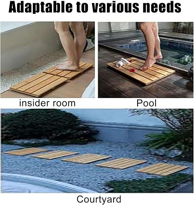 Non Slip Wood Bathroom Mat, Sturdy Teak Shower Mat, Natural Bamboo Floor Mat for Spa Home Outdoor, Waterproof Durable