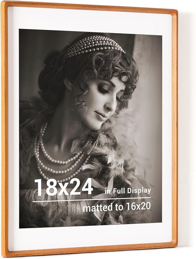 18 x 24 Poster Frame, USA-Sourced Teak Wood Picture Frame with HD Tempered Glass, Handcrafted Rounded Corner 18x24 Wooden Frames Matted to 16x20 Photos, Horizontal or Vertical Wall Display