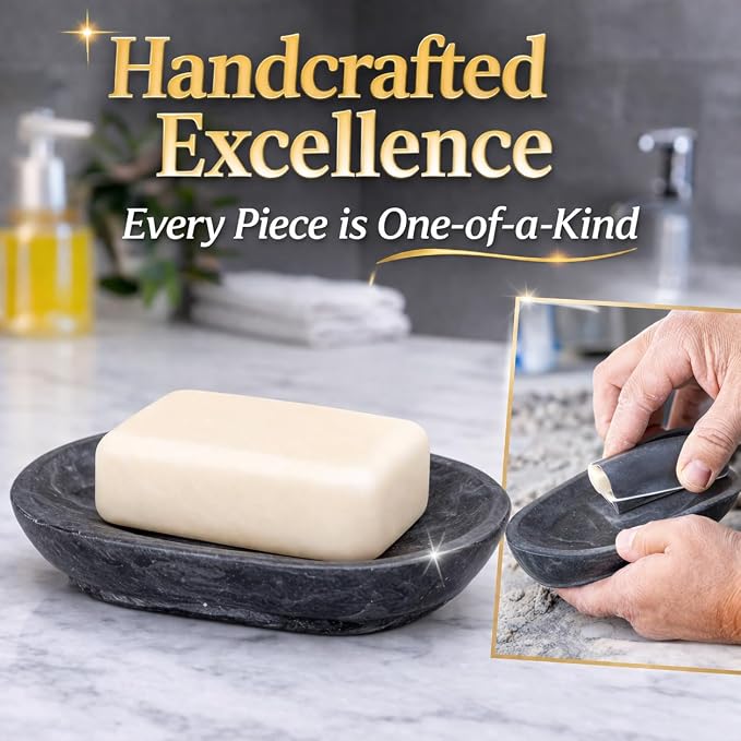 Luxury Hand Carved Natural Charcoal Marble Soap Dish, 3.8 x 5.8 x 0.9 H Inch