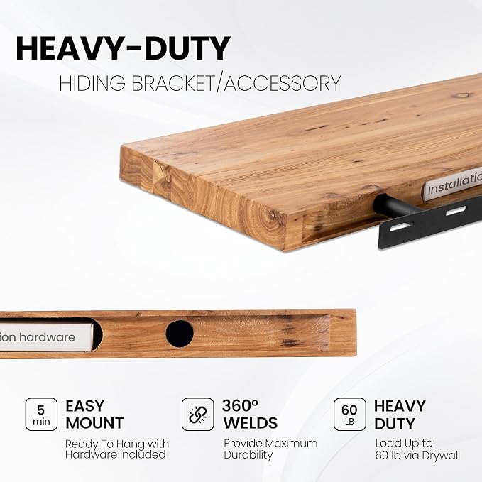 Floating Shelves for Wall, 60"x9.3" Rustic Solid Live-Edge Elm Wood Wall Shelves, Heavy-Duty Floating Shelves with Invisible Brackets for Living Room, Bedroom, and Kitchen, Natural Finish