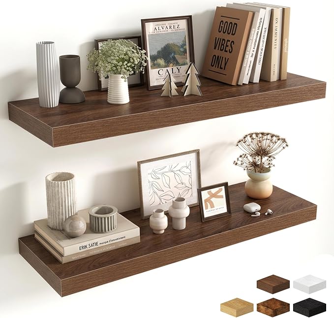 Fun Memories Floating Shelves for Wall, 32 Inch Long Floating Shelves Set of 2, 32 x 10 Wooden Shelves for Wall, Large Storage Shelves, Hanging Shelves for Bathroom Kitchen Bedroom, Walnut
