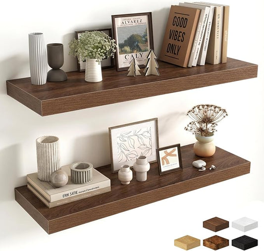 Fun Memories Floating Shelves for Wall, 32 Inch Long Floating Shelves Set of 2, 32 x 10 Wooden Shelves for Wall, Large Storage Shelves, Hanging Shelves for Bathroom Kitchen Bedroom, Walnut
