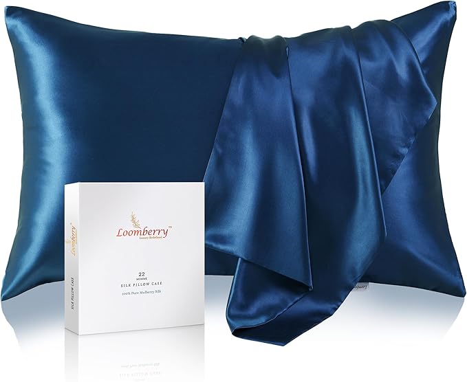 100% Pure Mulberry Silk Pillowcase for Hair and Skin, 6A Grade 22 Momme Silk Pillow Cases with Zipper, Soft Cooling Washable Both Sided Silk Pillow Cover (Navy Blue, King 20''x36’’)