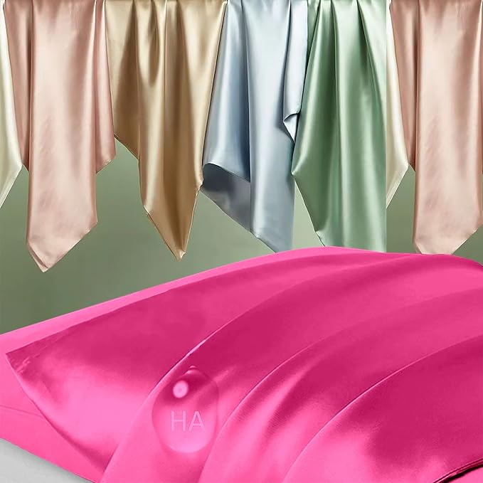 Silk Pillow Cases 2 Pack, Mulberry Silk Pillowcases Standard Set of 2, Smooth, Anti Acne, Beauty Sleep, Both Sides Natural Silk Satin Pillow Cases for Women 2 Pack with Zipper for Gift, Hot Pink