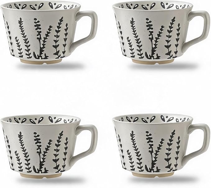 4 Pack 12oz Speckled Stoneware Coffee Mugs, Vintage Black Seaweed Botanical Ceramic Tea Cups, Rustic Hand Drawn Floral Drinking Mugs, Microwave Dishwasher Safe, Gift Set for Coffee Lovers