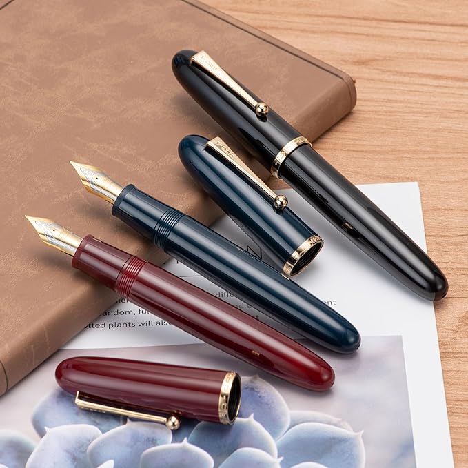 Jinhao 9019 DaDao Series Fountain Pen, Size 8 Medium Nib with Large Ink Converter, Wine Red Acrylic Design Smooth Writing Pen (Gold Trim)