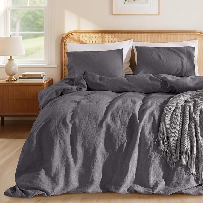LBRO2M 100% France Linen Duvet Cover Set 3 Pcs Including 1 Flax Comforter Cover with Zipper Closure, 2 Pillowcase, Cozy Duvet Cover Queen Size, Dark Gray