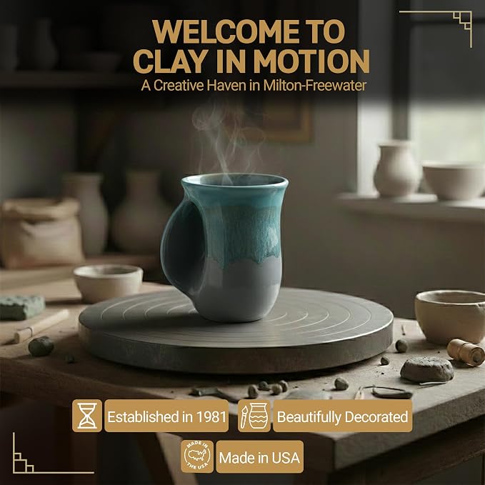 Clay in Motion Hand Warmer Coffee Mug – Handmade Coffee Mug With Comfortable Handle Contoured Pocket Hand Warming Ceramic Coffee Mug – Proudly Made in USA – Left Handed – 14 Oz - Riverstone