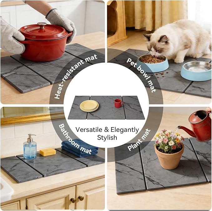 Large Stone Drying Mat for Kitchen Counter, Foldable Quick Dry Dish Drying Mat, 24"x16" Water Absorbent Diatomaceous Earth Mats for Bottles Cups Dishes, Modern Kitchen Essentials (Dark Gray)