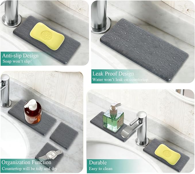 3PCS Water Absorbing Stone Tray, Drying Neat Diatomite Stone Sink Tray, Instant Dry Sink Coasters, Kitchen Sponge Hand Soap Holder, Countertop Fast Drying Counter Trays