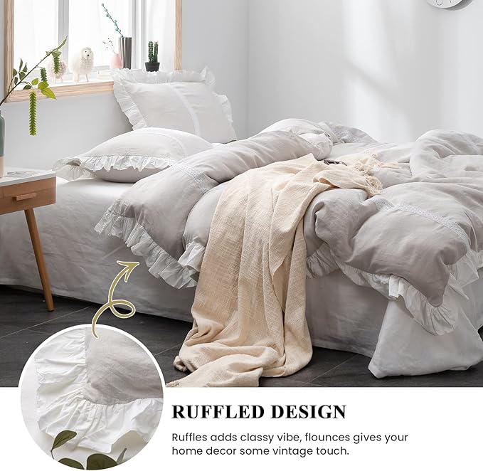 Simple&Opulence 100% Linen Duvet Cover Set (68''x86'') Frill Floral Flax Twin Size, Shabby Chic Ruffle Edge Lace Insert Decoration, 2 Pcs Farmhouse Bedding-1 Comforter Cover 1 Pillow Sham, Floral Grey