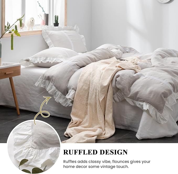 Simple&Opulence 100% Linen Duvet Cover Set (78"X86") Floral Flax Full Size, Shabby Chic Ruffle Edge Lace Insert Decoration, 3 Pcs Farmhouse Bedding-1 Comforter Cover 1 Pillow Shams, Floral Grey