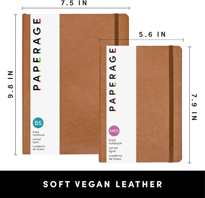 PAPERAGE Softcover Lined Journal Notebook (Cognac), 160 Pages, Medium College Ruled Notebook, 5.6 inches x 7.9 inches - 100 GSM Thick Premium Paper, Soft Vegan Leather Journal for Home, Work & School