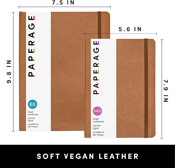 PAPERAGE Softcover Lined Journal Notebook (Cognac), 176 Pages, Large B5 College Ruled Notebook, 7.6 inches x 10 inches - 100 GSM Thick Premium Paper, Soft Vegan Leather Journal for Home, Work & School