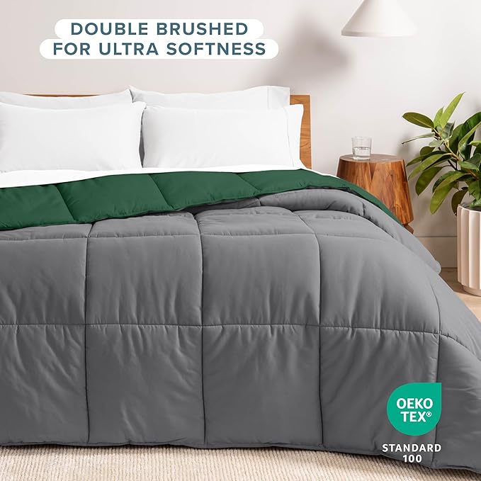 Bare Home King/California King Comforter - Reversible Colors - Goose Down Alternative - Ultra-Soft - Premium 1800 Series - All Season Warmth - Bedding Comforter (King/Cal King, Grey/Forest Green)