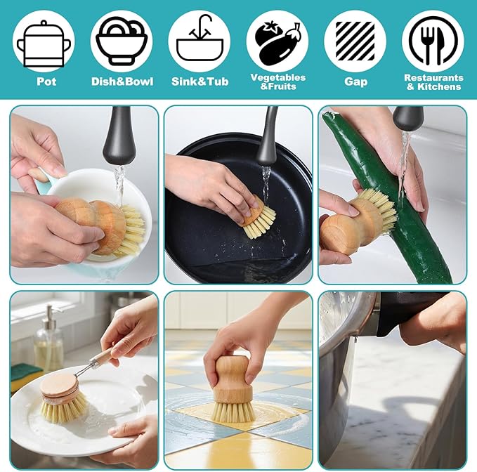 9 PCS Bamboo Dish Brush Set, Multifunctional Dishwashing Bamboo Scrub Brush with Natural Sisal Bristles, Wooden Dish Brush for Cleaning Pots, Pans, Dishes, Vegetables