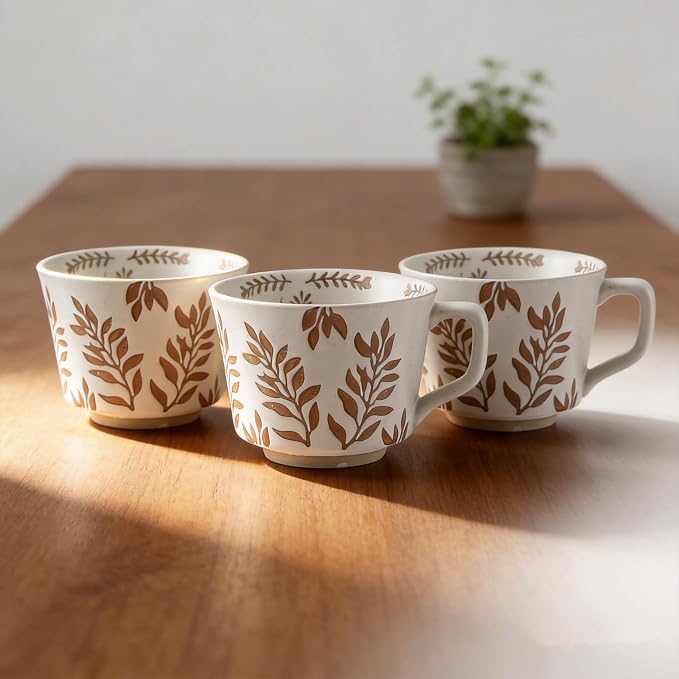 4 Pack 12oz Embossed Leaf Ceramic Coffee Mugs, Vintage Speckled Stoneware Tea Cups, Rustic Brown Spring Leaf Large Drinking Mugs, Microwave & Dishwasher Safe, Farmhouse Kitchen Decor, Gift Set