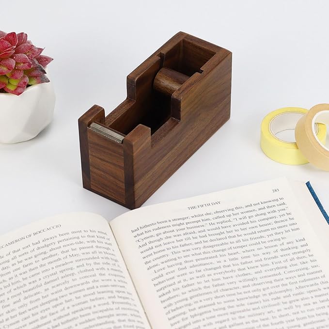 Buqoo Walnut Wood Tape Dispenser with Built-in Pen Holder – All-in-One Desk Organizer for Office/Home School