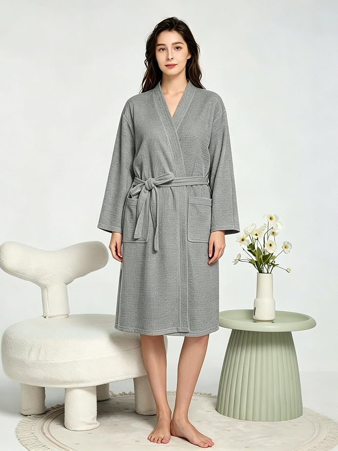Waffle Robes for Women Knit Cotton Soft Spa Bathrobe | Lightweight Loungewear, Knee Length with Pockets, V Neck, Kimono, Absorbent, Breathable, Removable Belt