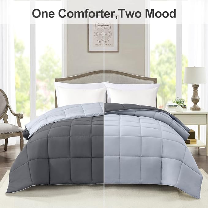 Homelike Moment Oversized Queen Comforter - Grey Duvet Insert Down Alternative Bed Comforter, Lightweight Bedding Comforters Oversize Queen Quilted Soft All Season Reversible Dark Gray/Light Grey