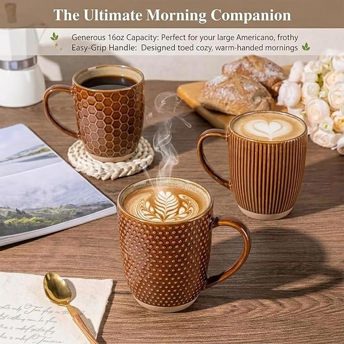 GBhome Large Coffee Mugs Set of 4, 16oz Handmade Embossed Coffee Mugs Set with Large Handle for Cappuccino/Latte/Tea/Hot Cocoa, Dishwasher & Microwave Safe, Caramel
