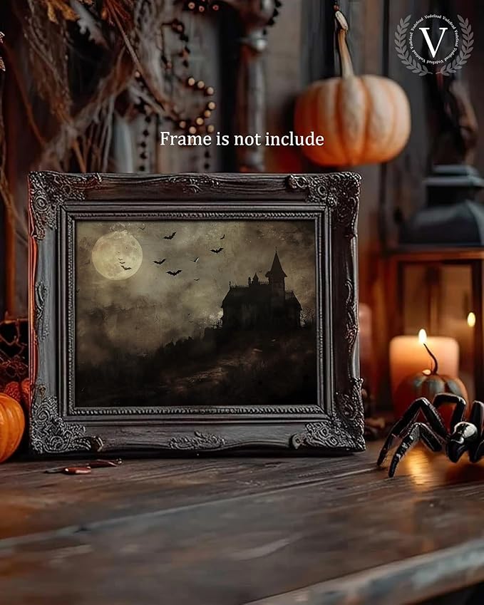 Vodefoad Vintage Haunted House Oil Painting Art Print, Spooky Gothic Halloween Picture Wall Decor, Spooky Haunted House Landscape Canvas Painting, Retro Moody Dark Academia Decor for Gallery, Living Room, Bathroom, Bedroom,Holiday Gift - 8x10Inch Unframe
