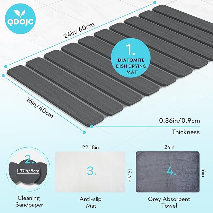Stone Drying Mat for Kitchen Counter Countertop - Diatomaceous Earth Dish Drying Mat Foldable, Quick Dry Water Absorbent Stone Bath Mat for Bathroom, with Towel Non Slip Pad Sandpapers, 24"×16"